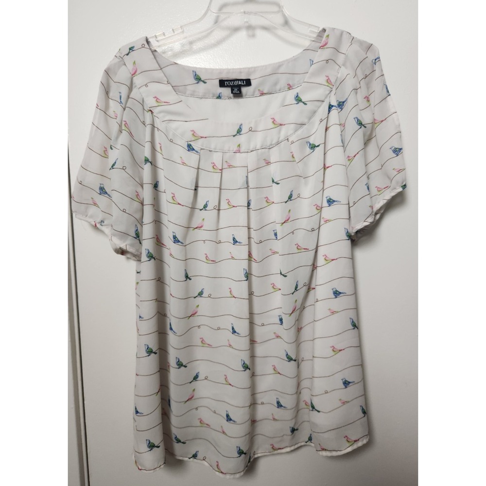 Roz & Ali Cream Birds Print Blouse Short Sleeve Cold Shoulder Lined 2X Whimsical